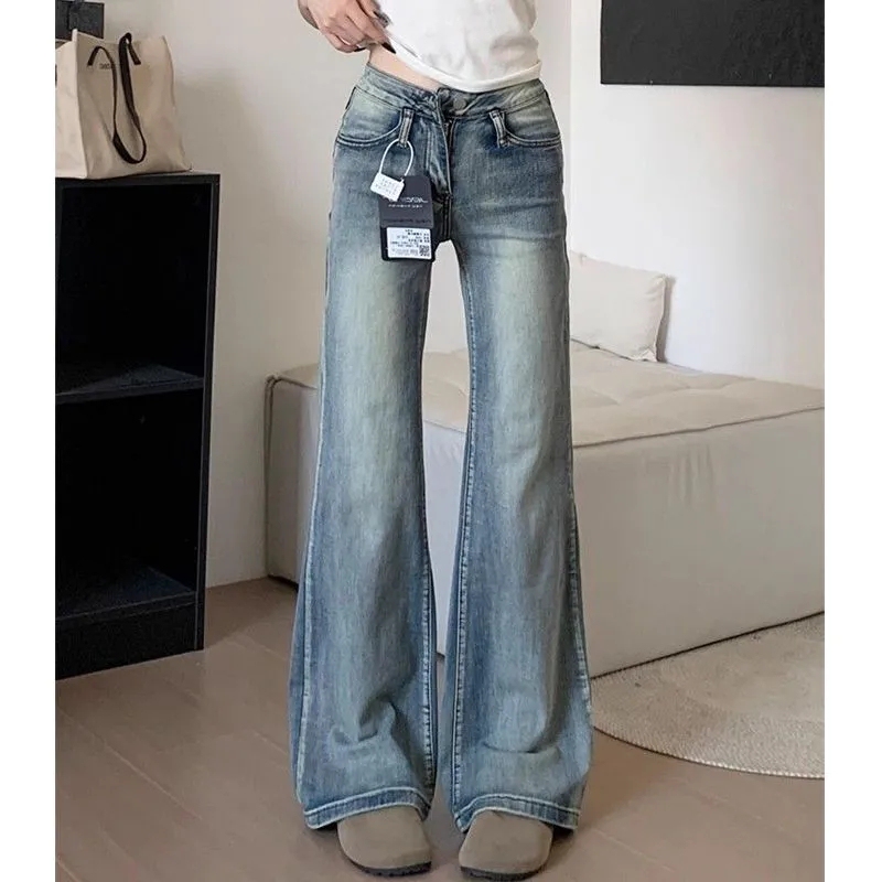 Washed Vintage Flared Jeans for Women, Petite Size 150, Low Waist, Height-Enhancing, Leg-Lengthening, Straight-Leg Bootcut Pants