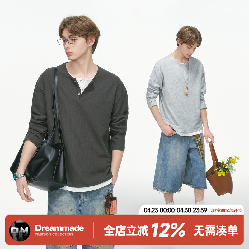 Dream Made Old Money Style Fake Two-Piece Henry Collar Long-Sleeve T-Shirt for Men, Spring and Autumn Inner Layer Base Shirt Top