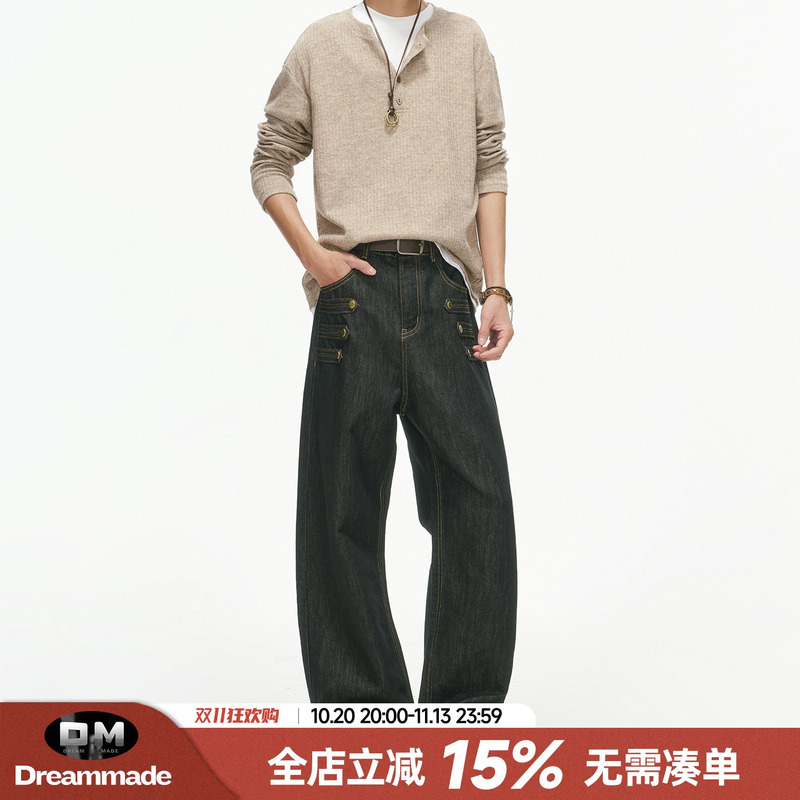 Dream Made Palace-Style Napoleon 13-Ounce Raw Denim Jeans for Men, Autumn Straight-Leg Scimitar Pants