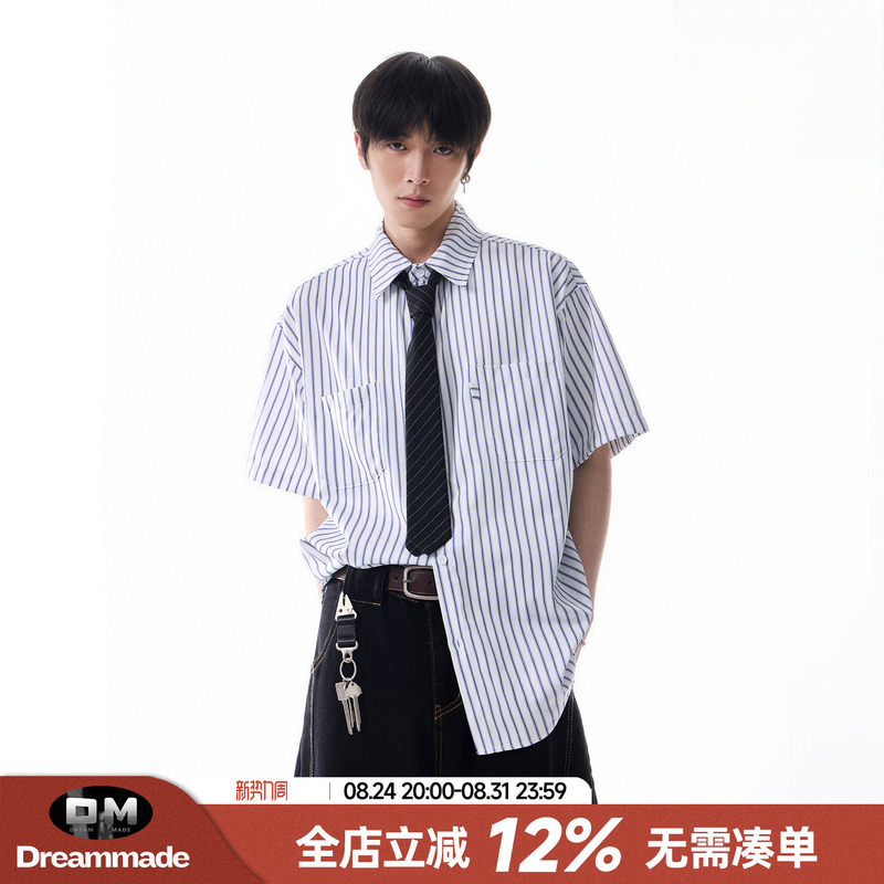 Dream Made American Retro Silhouette Striped Casual Short-Sleeved Shirt for Men, Summer High-End Trendy Brand Shirt