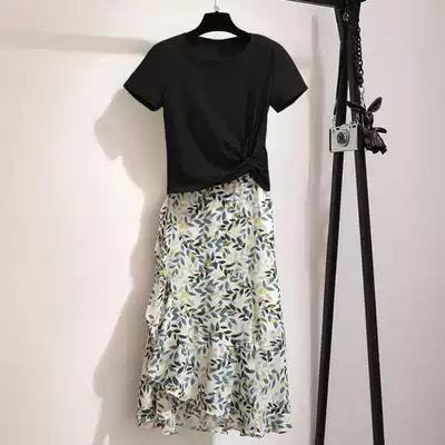 French retro flower skirt set summer dress micro large size fat mm foreign pie thin meat fashion two-piece female