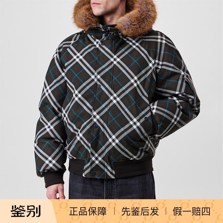 Burberry Men's Plaid Short Hooded Fur Collar Warm down Jacket 80915941