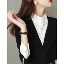 Fake two-piece weaselwear ladies 2022 spring autumn new Korean version Fashion 100 lap-led pearl dotted with wool blouses
