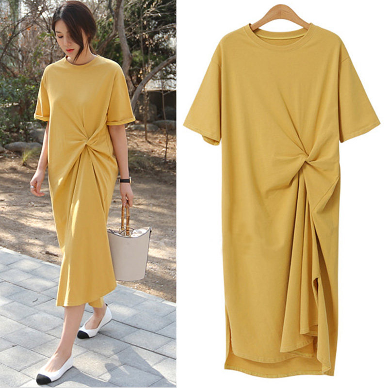 2022 summer new Korean version of the all-match thin short-sleeved slit dress women's plus-size age-reducing age-covering meat over-the-knee long skirt