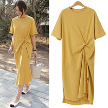 2022 summer new Korean version all-match thin short-sleeved split dress womens plus size age-reducing over-the-knee long skirt