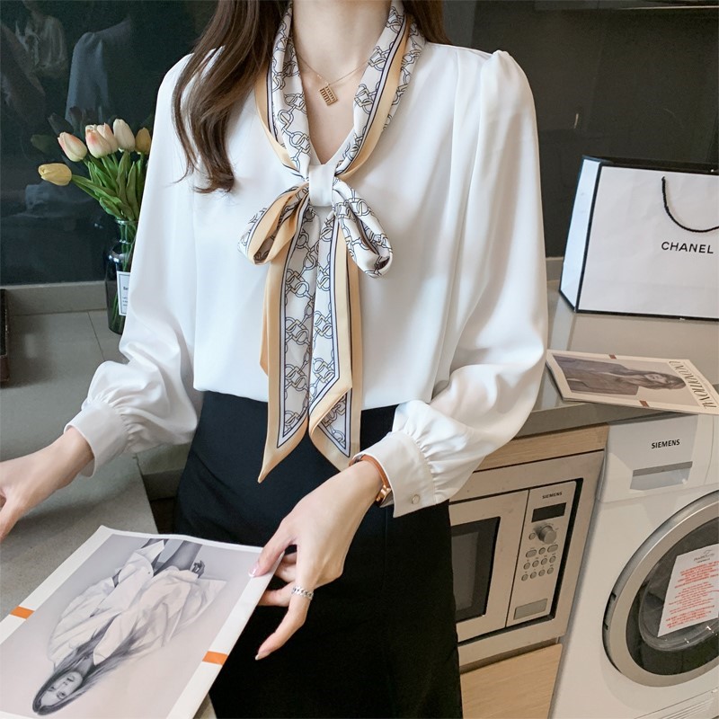 Career Drifting With OL Snowspun Long Sleeve Shirt Woman 2022 Spring and Autumn New Korean version Inner Lap Blouse Bubble Sleeves Shirt