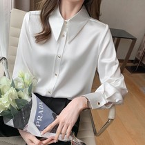 High-end professional white shirt lady 2022 spring autumn new Korean version fashion 100 hitch-led genuine silk collar shirt