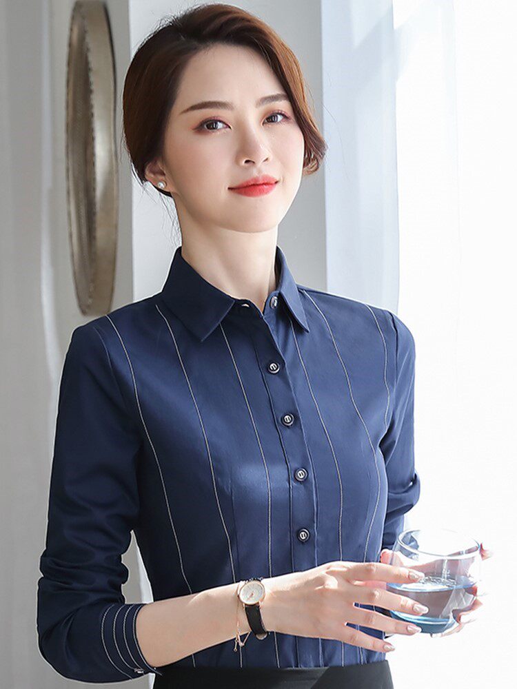 Business formal dress ladies bottoming shirt 2022 spring and autumn new Korean style fashion striped long-sleeved professional white shirt