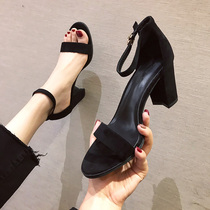 Net red fashion one word buckle sandals womens 2021 summer new black sexy thick heels all-match small size high-heeled shoes