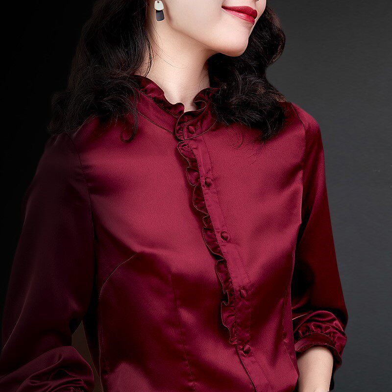 Satin long-sleeved chiffon shirt women's stand-up collar 2022 spring and autumn new Korean style fashion all-match western wood earring shirt