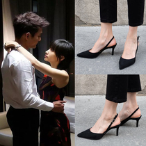 Black fashion French back empty high heels womens 2022 summer new net red stiletto buckle strap toe sandals