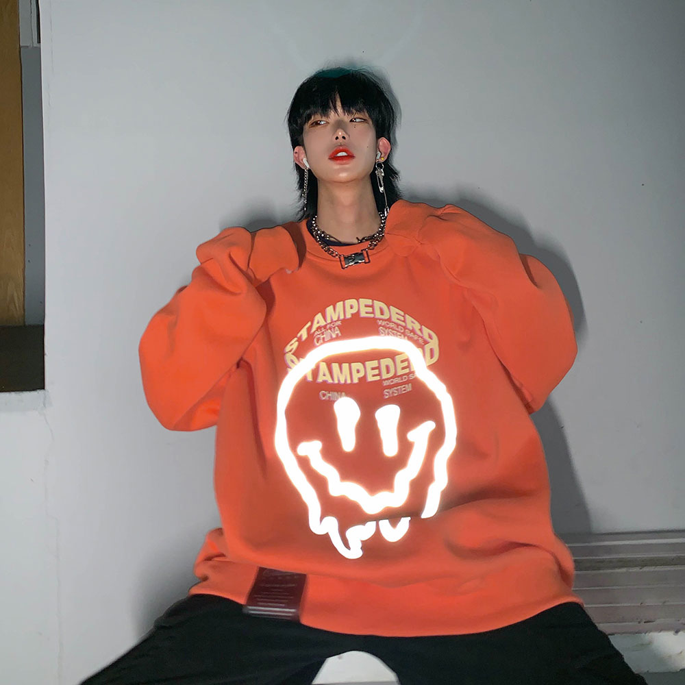 Leman Jinjun Sweater Men and Women Same Round Neck Reflective Print Clothes Spring oversize Tide Loose Top