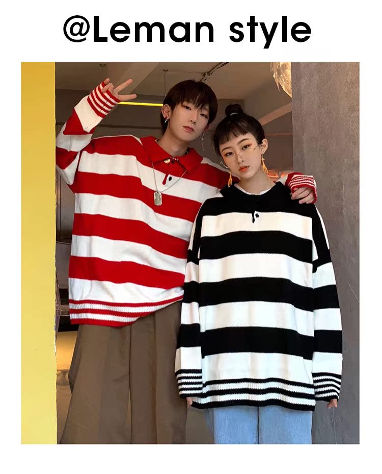 Leman Jin Jun sọc đôi áo len oversized mùa đông Hàn Quốc xu hướng áo len lỏng áo len mỏng