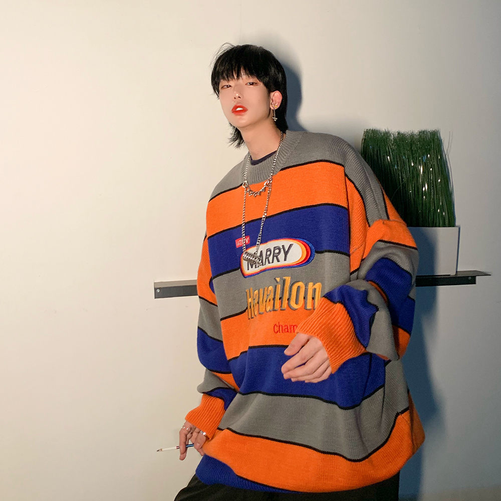 Leman Jinjun Striped Sweater Men and Women with Loose Letter Embroidery Harajuku Style oversize Couple