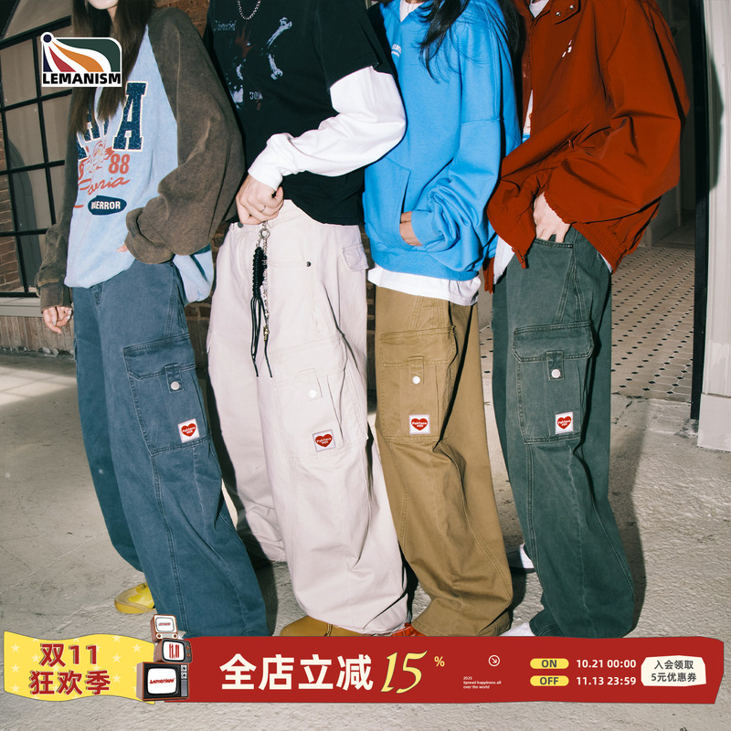 Lemanism American Retro Washed Cargo Pants Men's Khaki Spring and Autum Straight Casual Pants Women