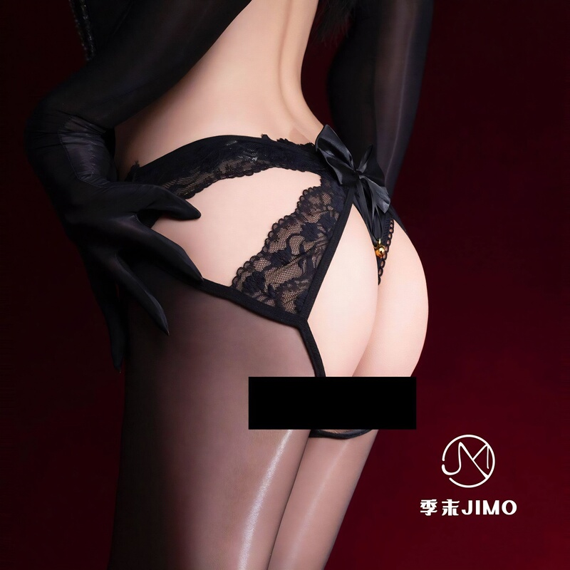 Delicate Bell Stockings with Glossy Bow, Black Silk, Sexy One-Piece Open-Crotch Panties, Lingerie 594