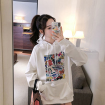 Net red loose student bestie 100 hitch bf net red print streaming new medium long line with cap blouses female tide autumn and winter