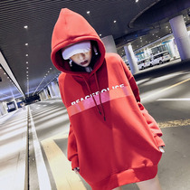 Eurostock Large version net red ins ultra fire red Even cap sweatshirt woman loose with velvet printed 100 lap blouse