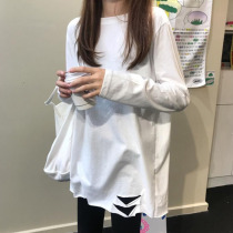 Breaking Hole Sweatshirt Woman Spring Autumn Thin style Personality Wave Loose Korean version of the Long Pure Color Long Sleeve Blouse 2020 New