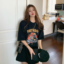Stock T-shirt Woman 2021 Summer Korean version of graffiti printed short sleeves Loose Lower Wind 100 Hitch to Ride The Tide