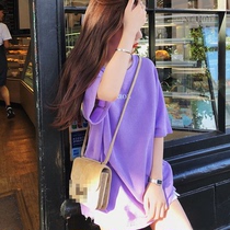 Net red letter printed t-shirt womens half-sleeved summer taro purple student mid-length loose very fairy Western style top