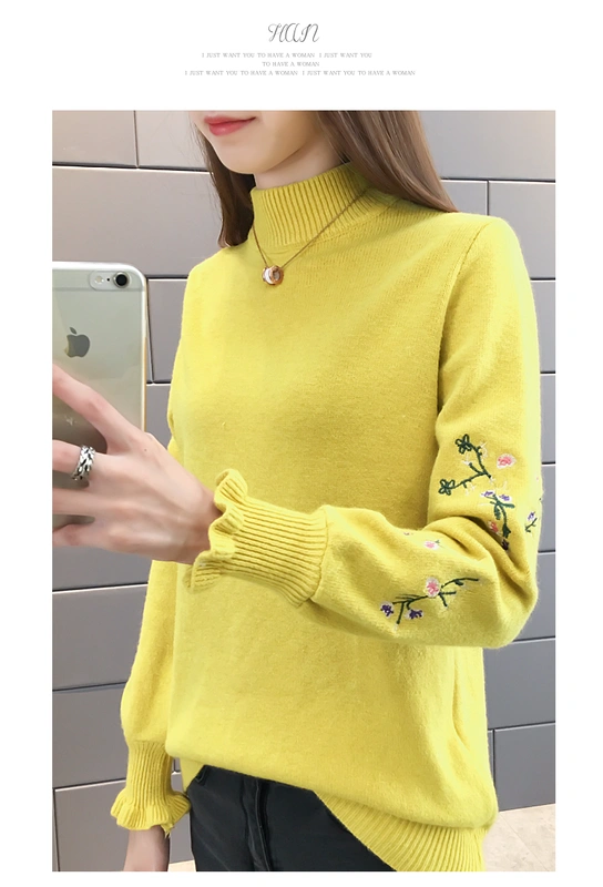 Áo len cổ cao thêu một nửa áo len thủy triều ren dài tay mui trần áo mùa xuân và mùa thu áo len nữ áo sơ mi chạm đáy cardigan nữ