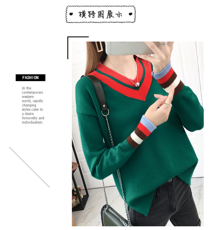18 mùa xuân và mùa thu mới phiên bản Hàn Quốc của áo thun cổ chữ V cơ sở áo len đỏ nữ lỏng lẻo thời trang hoang dã áo len