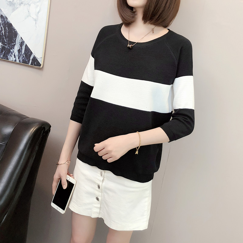 Băng lụa t-shirt nữ năm điểm ngắn tay mùa hè 2018 triều mới áo sơ mi loose knit đáy áo sọc t-shirt mỏng ao len