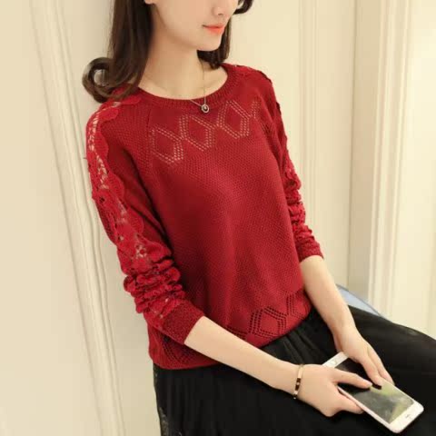 Mùa xuân mới 2018 đan áo len nữ openwork ren phiên bản Hàn Quốc của áo thun dài tay áo thun rộng quần áo nữ 