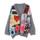 French planet sweater spring and autumn new V-neck long-sleeved puzzle love grid college style loose V-neck wool knitted cardigan