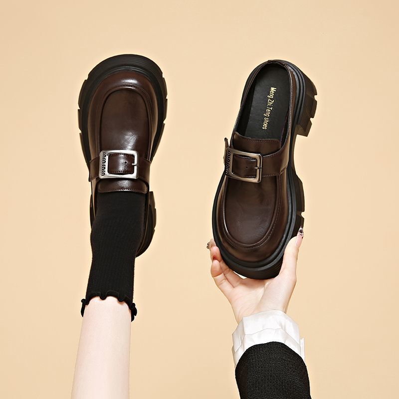 Trendy Thick-Soled Height-Increasing Closed-Toe Slip-On Loafers for Women, 2025 Autumn and Winter New Style, Suitable for Pregnant Women, with Belt Buckle