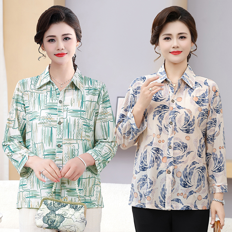 New Summer Printed Shirts for Middle-Aged and Elderly Women, Mother's Clothing, Lapel Long-Sleeved, Stylish, Age-Reducing, Loose and Slimming Tops