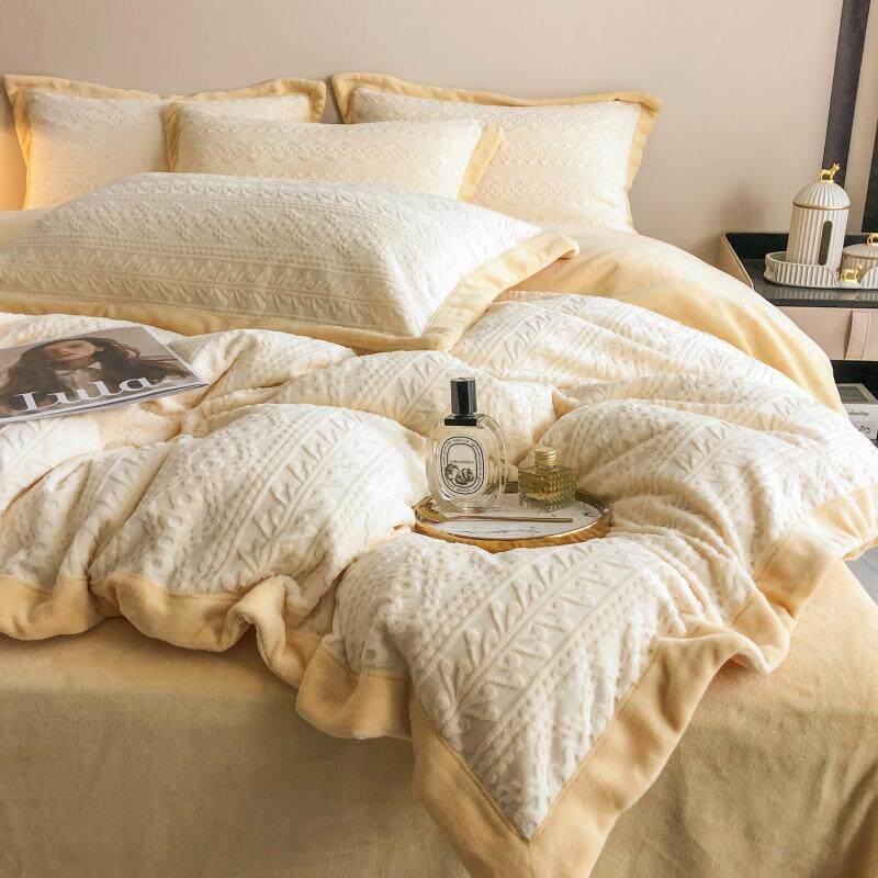 Light Extravaganza Hotel Thickened Double Face Milk Suede Carved velvet Four pieces of Autumn Winter Coral Fleece Quilt Cover Warm Bed