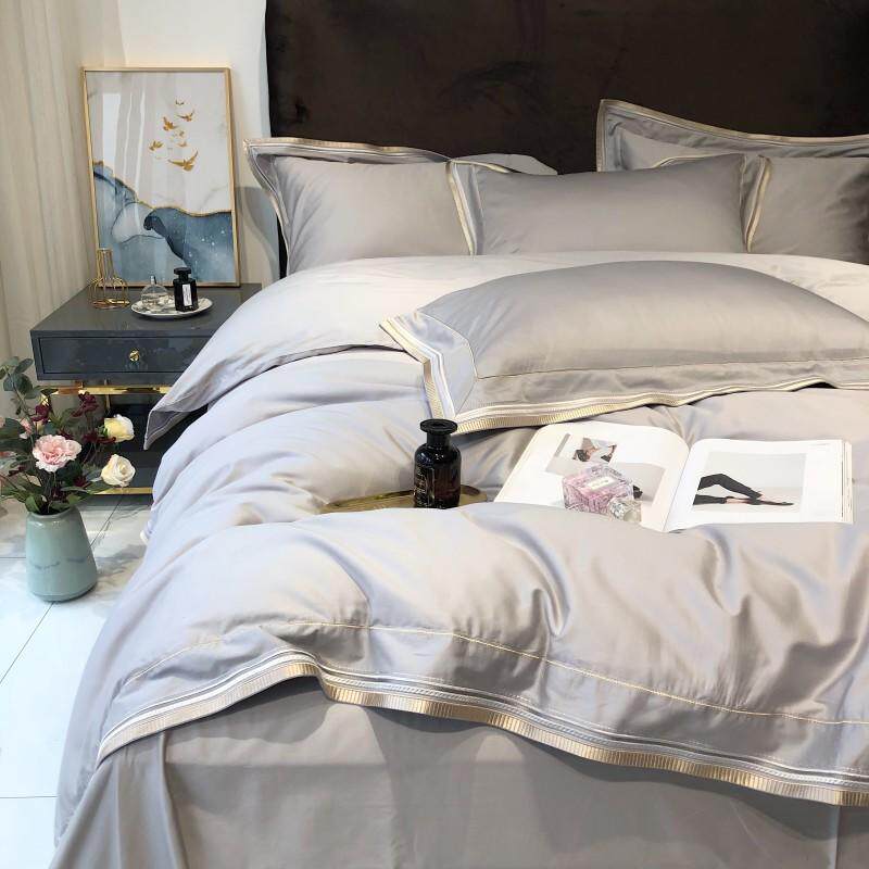 Minimalist light extravagant 60 long suede cotton gon satin full cotton embroidery four pieces of pure color nude sleeping pure cotton bed bedding kit