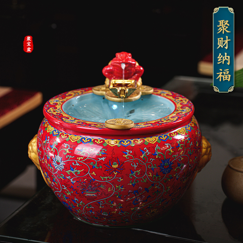 Porcelain Tang Xianghui Jingdezhen Ceramic Treasure Bowl for Wealth Feng Shui Golden Toad Flowing Water Creative Ornament with Circulating Water to Attract Wealth