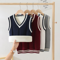 Children Waistcoat Chia Velvet Autumn Winter Knit Pure Cotton Vest Boy Academy Wind Medium Boy Foreign Air Girl Kan Shoulder Students