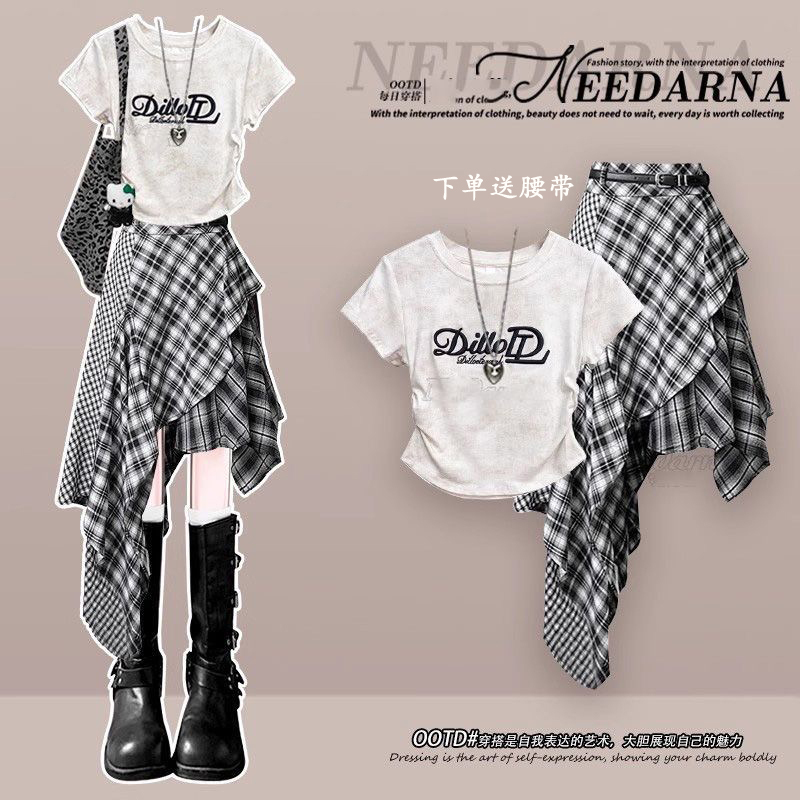 College Style Fashionable Girl Short T-Shirt Plaid Asymmetrical Skirt Women's Summer New Outfit Two-Piece Set College Style Fashionable Girl Short T-Shirt Plaid Asymmetrical Skirt Women's Summer New Outfit Two-Piece Set