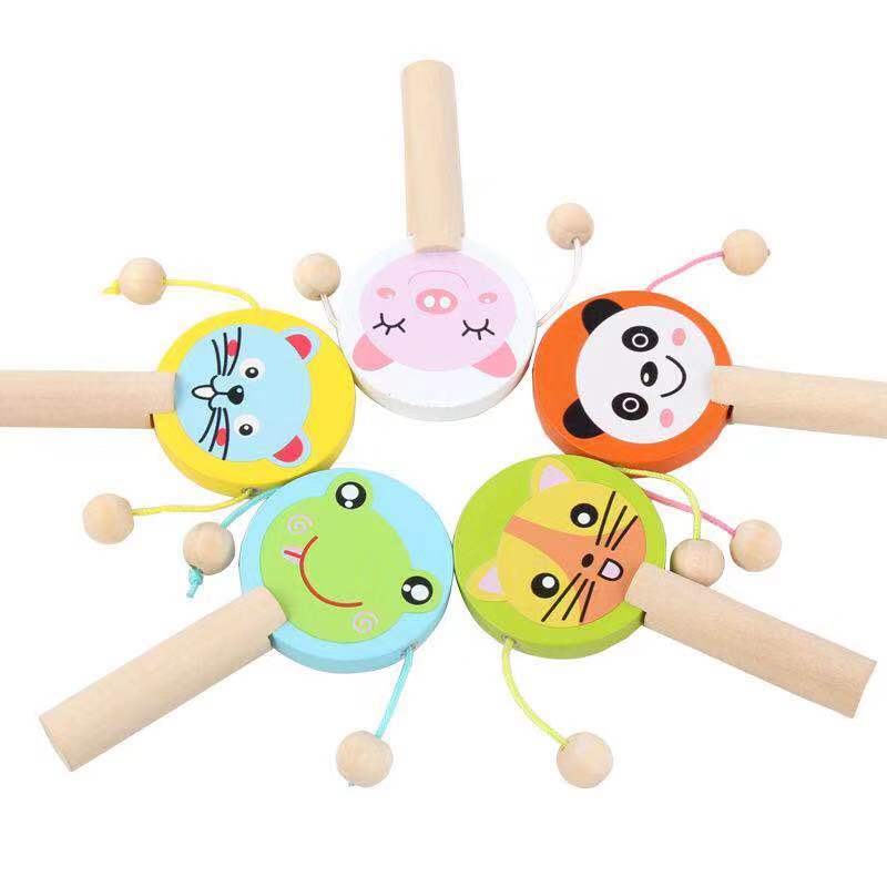 Baby baby rattle toy Early education toddler Wooden cartoon rattle Traditional wave drum