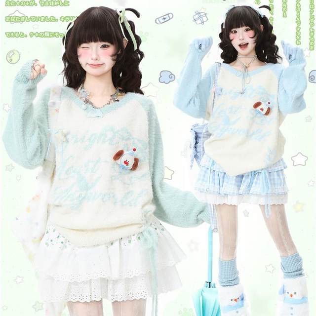 Cute and sweet cartoon puppy print V-neck sweater for women autumn plush atmosphere soft waxy lazy sweater