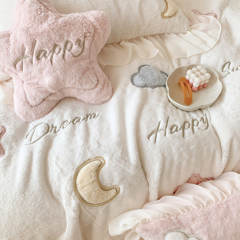 Teenage Girl Hearts Winter Warm Otters Rabbit Plush Four Pieces Cute Stick Cloth Embroidered Quilt Cover Thickened Milk Suede Bedding-Taobao