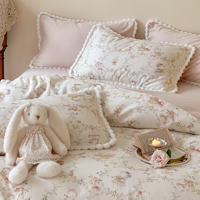 French-Style Autumn and Winter Long-Staple Cotton Brushed Four-Piece Set with Cute Bunny Digital Print Duvet Cover and Bed Sheet for 1.5m Bed Bedding
