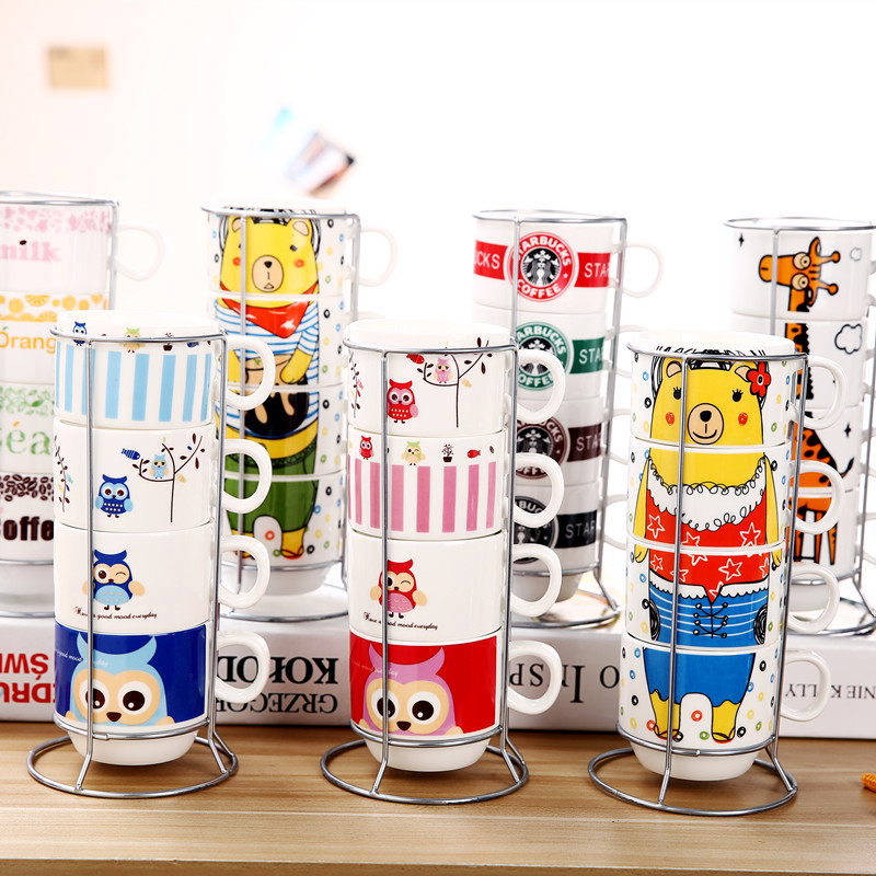 With iron frame mug stacked cup tower home four-piece set milk ceramic water Cup cartoon coffee cup