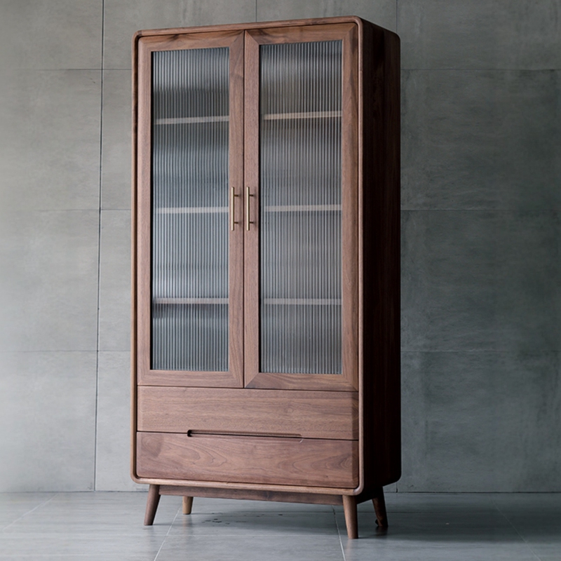 Medieval Style Black Walnut Solid Wood Bookcase Living Room Storage Cabinet Double Door Dustproof Glass Cabinet Nordic Bookcase Solid Wood Bookshelf