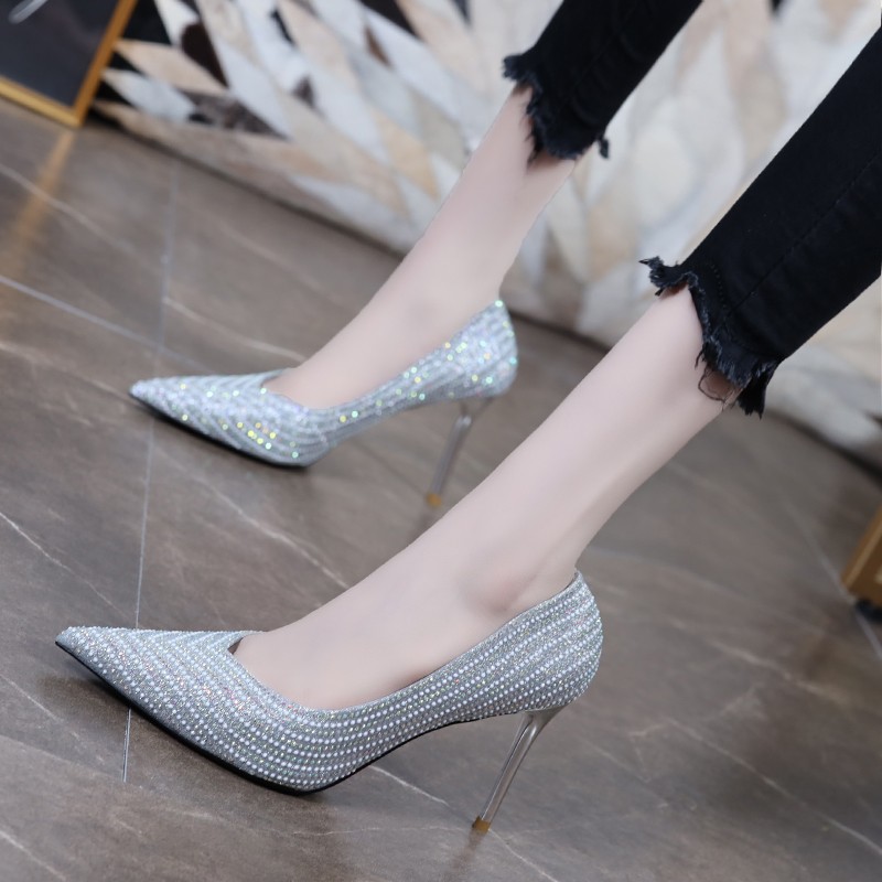 Stars same Bing Water Diamond Silver High heel Shoe Girl 2022 New autumn Sexy fine heel Single shoe bridesmaid shoes wedding shoes