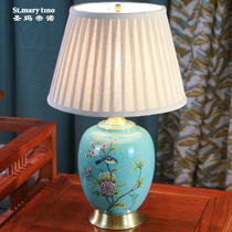 Blue American all-copper ceramic table lamp bedside lamp bedroom charging new Chinese bedside table home European warmth