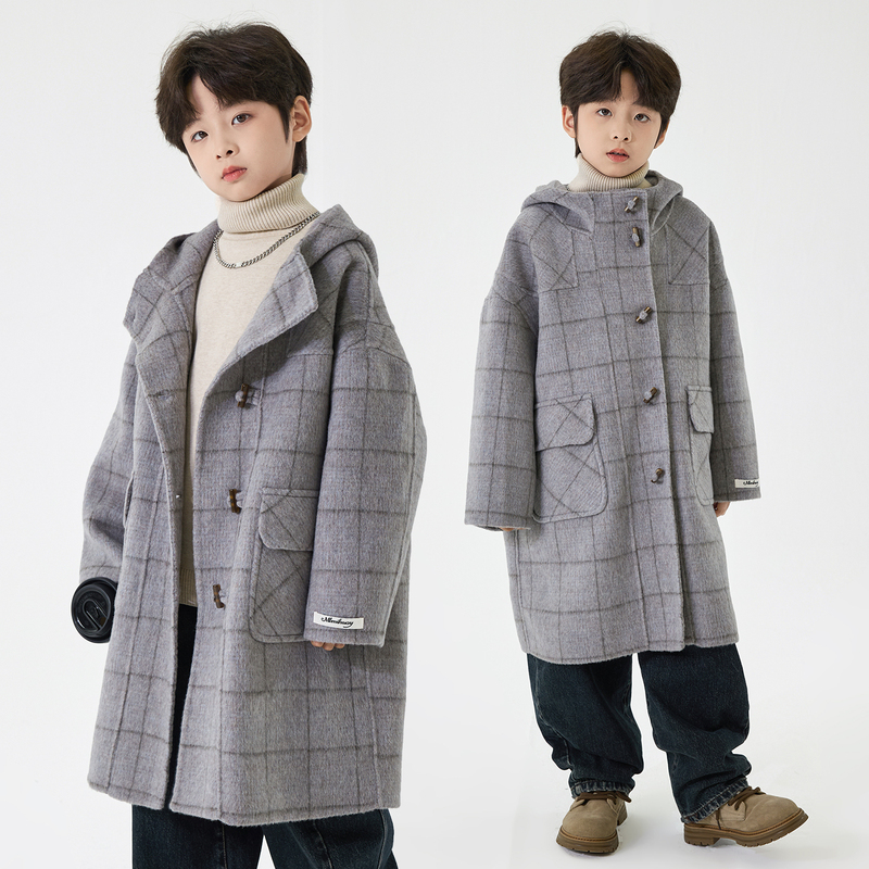100% Wool Double-Sided Cashmere Coat for Boys and Girls 2025 New Autumn and Winter Kidsren's Mid-Length Woolen Plaid Outwear
