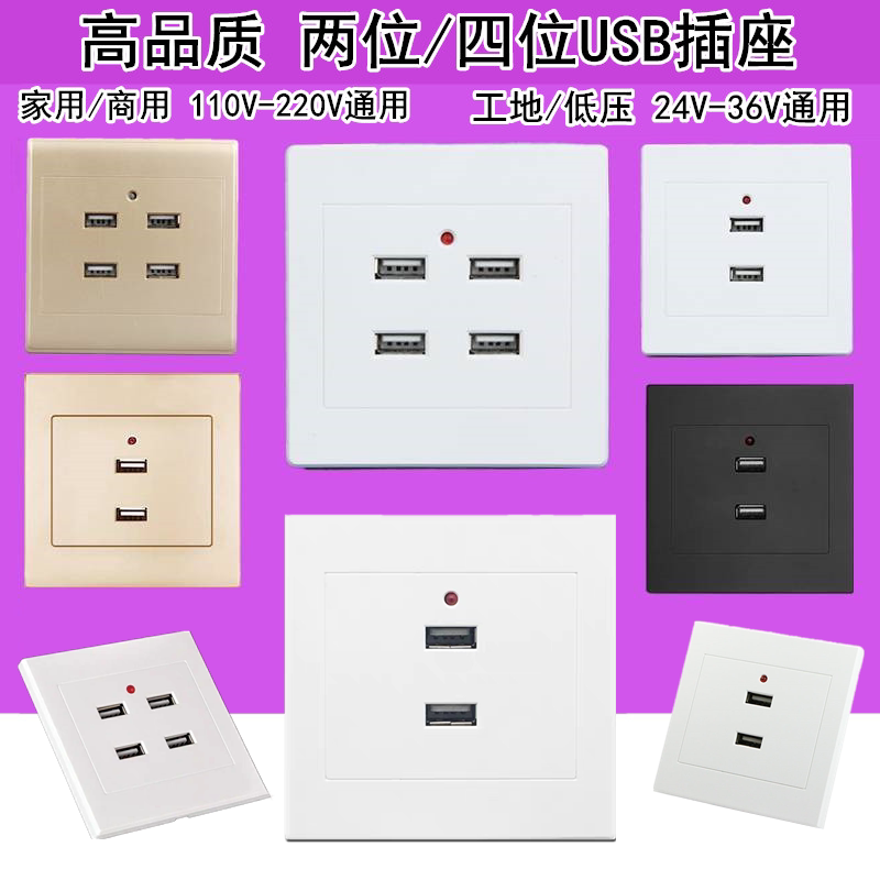 Dress USB socket panel Two-four low pressure 24V36V turn 5V concealed two holes dual-port USB charging 220 V