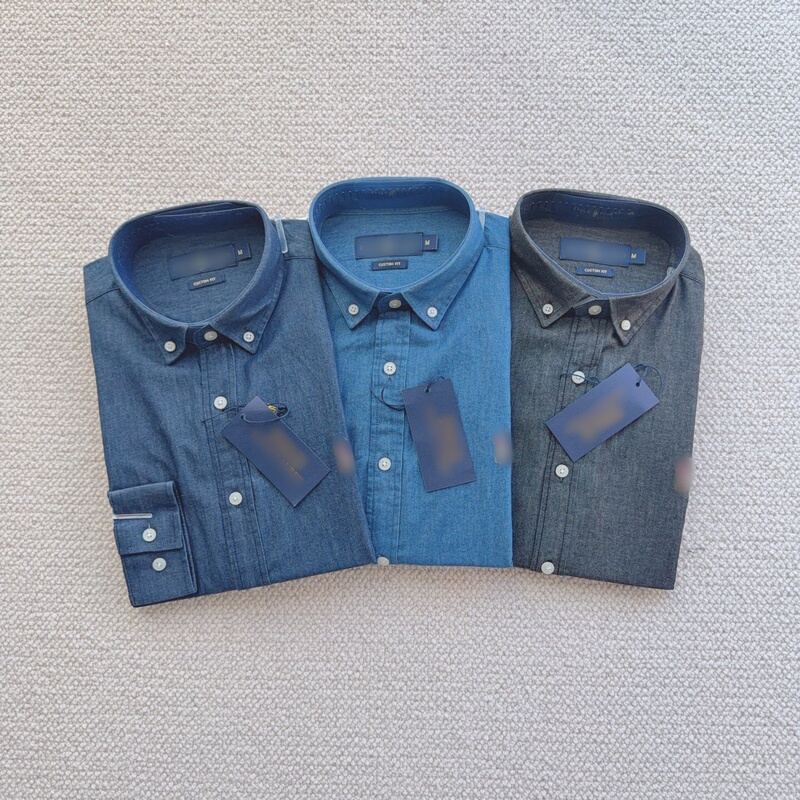 Spring and Autumn New Men's Denim Shirt Long Sleeve Turn-Down Collar Business Fashion All-Cotton Washed Denim Shirt Trendy Embroidered Logo