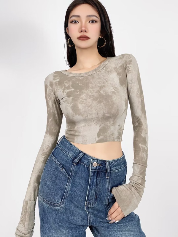 Jazz Street Dance Koop Tie-Dye Tight-Fitting Top for Women, Slim-Fit Long-Sleeve Base Layer, Hot Girl Crop Top T-Shirt