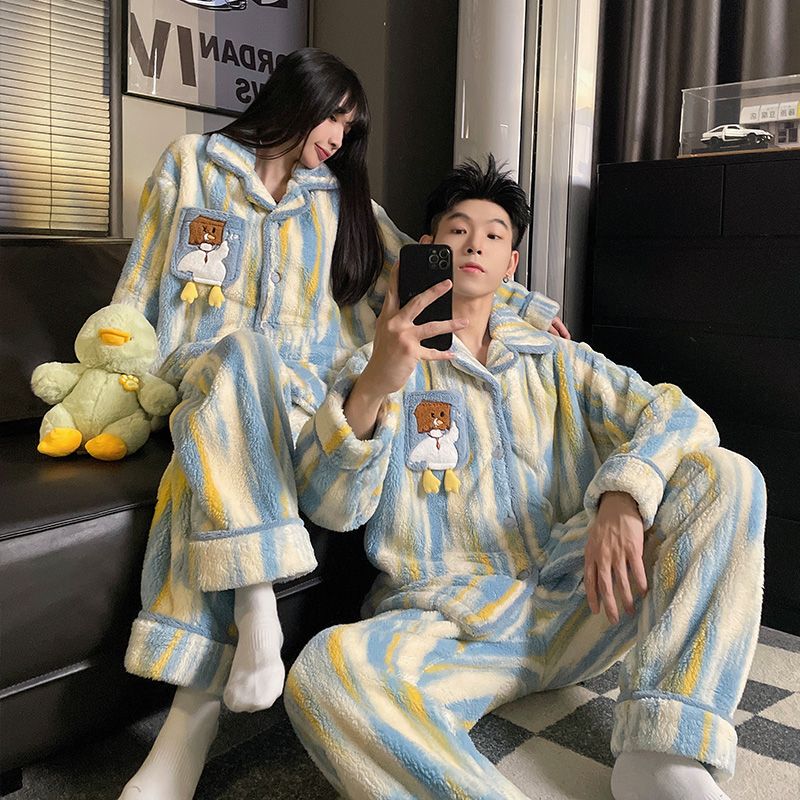 Couple's Pajamas for Autumn and Winter, Coral Fleece, Thickened and Fleece-Lined, Cute, Large Size, Unisex, Warm Home Wear Set